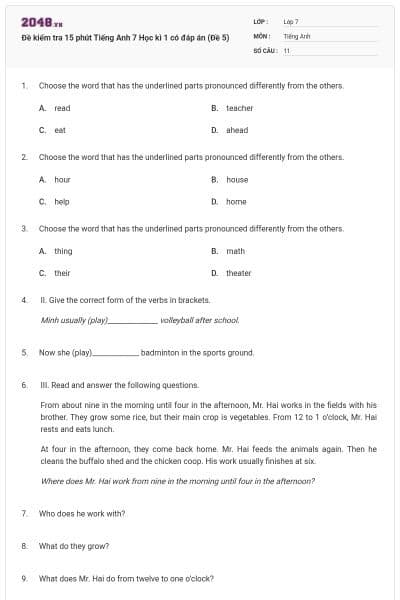 Đề kiểm tra 15 phút Tiếng Anh 7 Học kì 1 có đáp án (Đề 5)