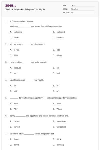 Top 5 Đề thi giữa kì 1 Tiếng Anh 7 có đáp án