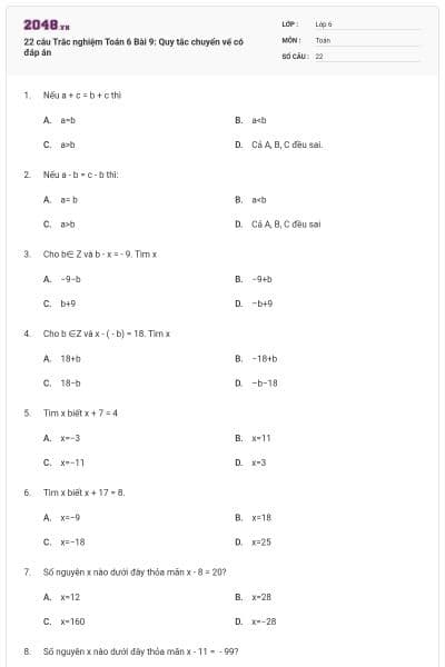 22 câu Trắc nghiệm Toán 6 Bài 9: Quy tắc chuyển vế có đáp án