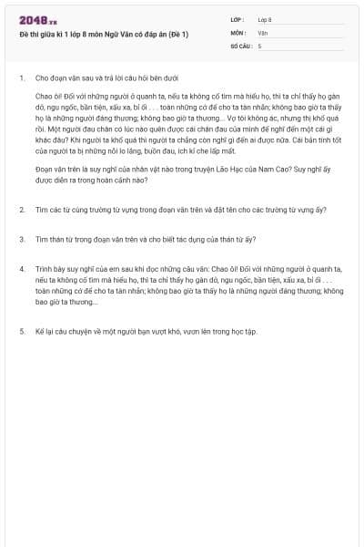 Đề thi giữa kì 1 lớp 8 môn Ngữ Văn có đáp án (Đề 1)