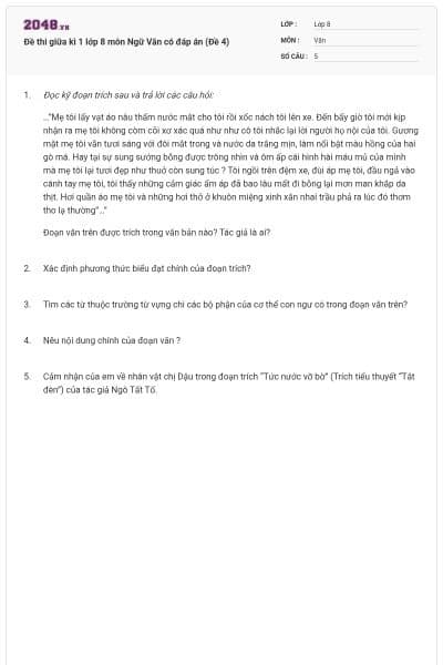 Đề thi giữa kì 1 lớp 8 môn Ngữ Văn có đáp án (Đề 4)