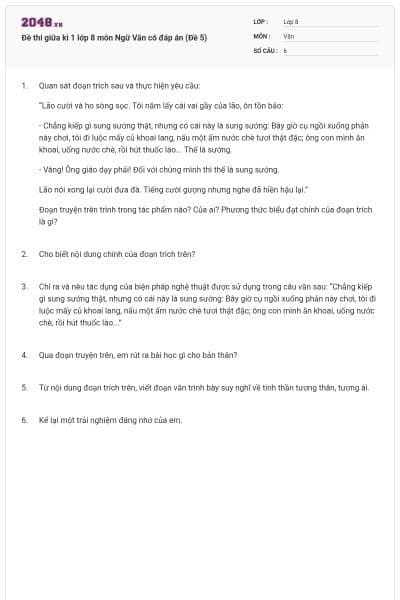 Đề thi giữa kì 1 lớp 8 môn Ngữ Văn có đáp án (Đề 5)