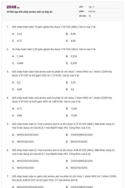 39 Bài tập đốt cháy amino axit có đáp án
