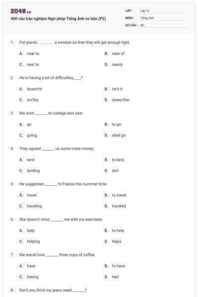 400 câu trắc nghiệm Ngữ pháp Tiếng Anh cơ bản (P2)