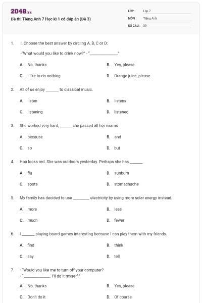 Đề thi Tiếng Anh 7 Học kì 1 có đáp án (Đề 3)