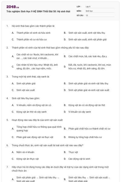 Trắc nghiệm Sinh Học 9 HỆ SINH THÁI Bài 50: Hệ sinh thái