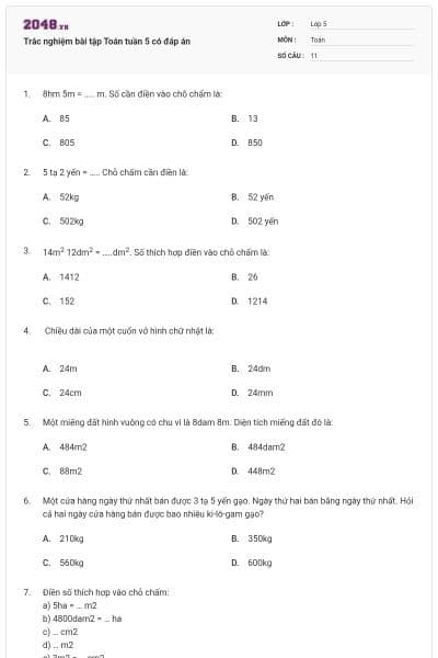 Trắc nghiệm bài tập Toán tuần 5 có đáp án