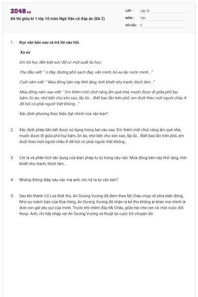 Đề thi giữa kì 1 lớp 10 môn Ngữ Văn có đáp án (Đề 2)