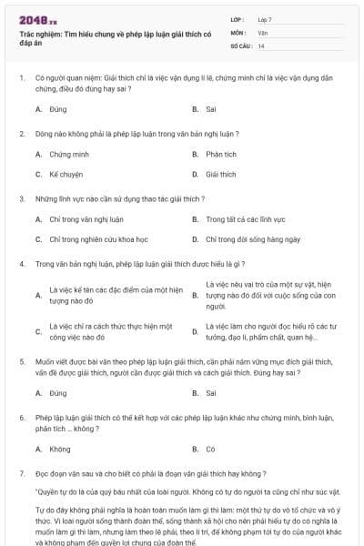 Trắc nghiệm: Tìm hiểu chung về phép lập luận giải thích có đáp án