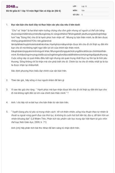 Đề thi giữa kì 1 lớp 10 môn Ngữ Văn có đáp án (Đề 6)