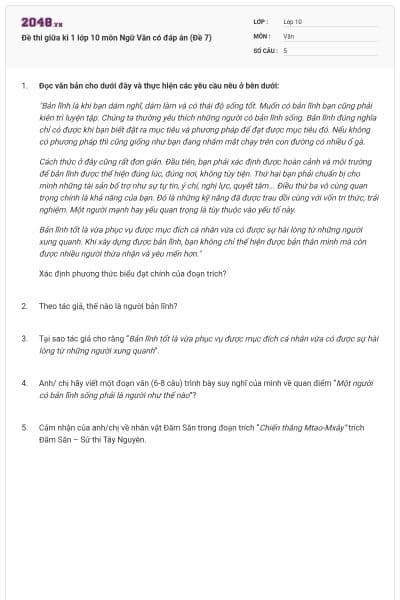 Đề thi giữa kì 1 lớp 10 môn Ngữ Văn có đáp án (Đề 7)