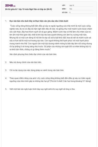 Đề thi giữa kì 1 lớp 10 môn Ngữ Văn có đáp án (Đề 8)