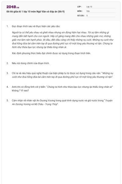 Đề thi giữa kì 1 lớp 10 môn Ngữ Văn có đáp án (Đề 9)