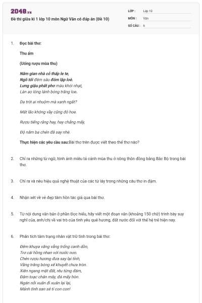 Đề thi giữa kì 1 lớp 10 môn Ngữ Văn có đáp án (Đề 10)