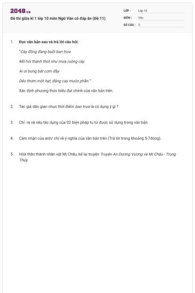 Đề thi giữa kì 1 lớp 10 môn Ngữ Văn có đáp án (Đề 11)