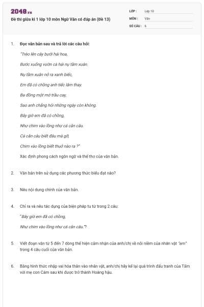 Đề thi giữa kì 1 lớp 10 môn Ngữ Văn có đáp án (Đề 13)