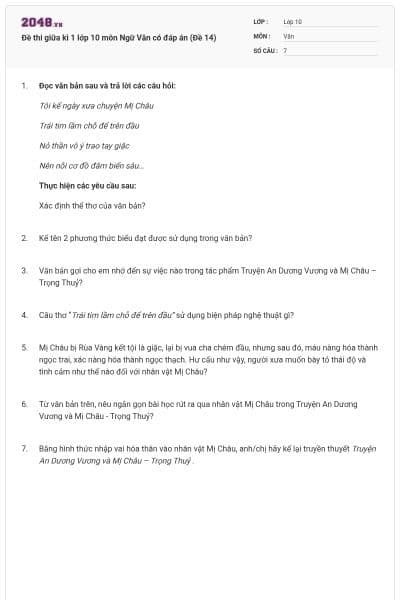 Đề thi giữa kì 1 lớp 10 môn Ngữ Văn có đáp án (Đề 14)