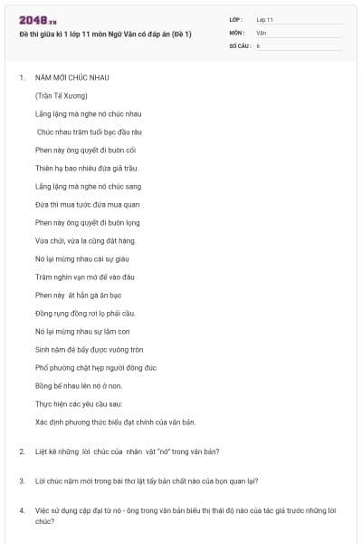 Đề thi giữa kì 1 lớp 11 môn Ngữ Văn có đáp án (Đề 1)