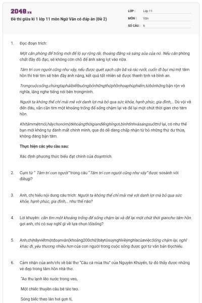 Đề thi giữa kì 1 lớp 11 môn Ngữ Văn có đáp án (Đề 2)