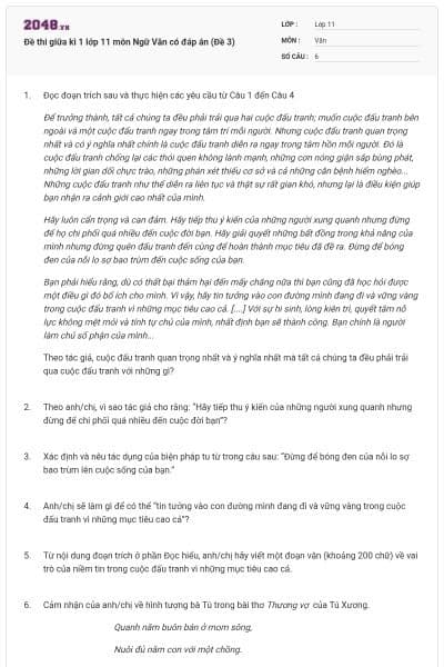 Đề thi giữa kì 1 lớp 11 môn Ngữ Văn có đáp án (Đề 3)