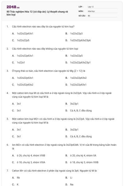 80 Trắc nghiệm Hóa 12 (có đáp án): Lý thuyết chung về kim loại