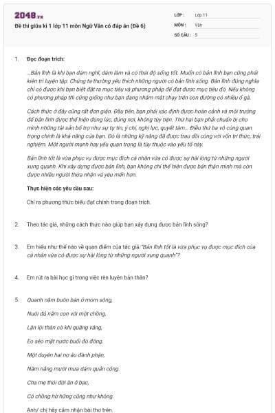 Đề thi giữa kì 1 lớp 11 môn Ngữ Văn có đáp án (Đề 6)