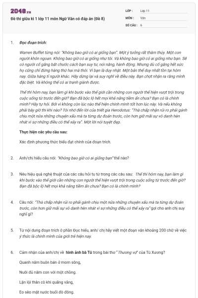 Đề thi giữa kì 1 lớp 11 môn Ngữ Văn có đáp án (Đề 8)