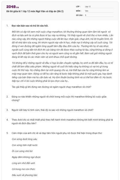 Đề thi giữa kì 1 lớp 12 môn Ngữ Văn có đáp án (Đề 2)