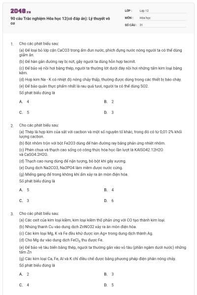 90 câu Trắc nghiệm Hóa học 12(có đáp án): Lý thuyết vô cơ