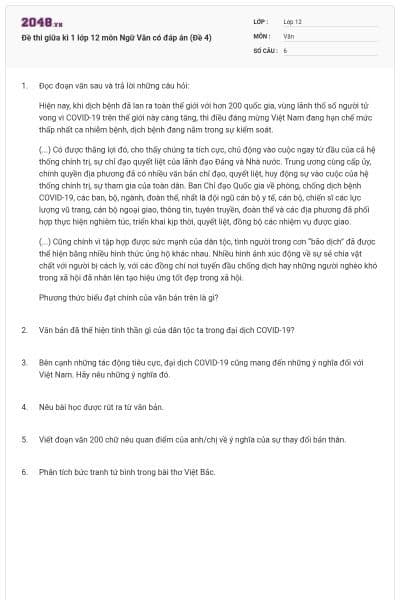 Đề thi giữa kì 1 lớp 12 môn Ngữ Văn có đáp án (Đề 4)