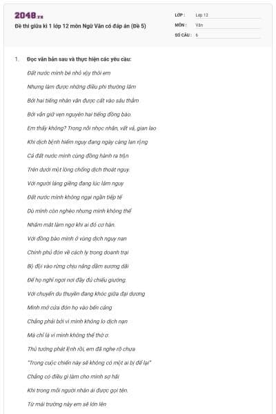 Đề thi giữa kì 1 lớp 12 môn Ngữ Văn có đáp án (Đề 5)