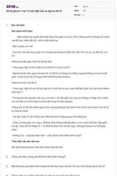 Đề thi giữa kì 1 lớp 12 môn Ngữ Văn có đáp án (Đề 8)