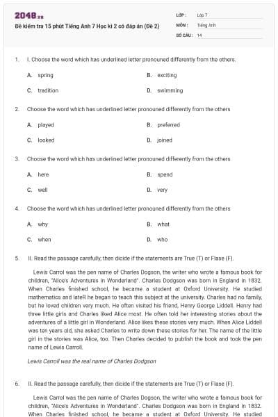 Đề kiểm tra 15 phút Tiếng Anh 7 Học kì 2 có đáp án (Đề 2)