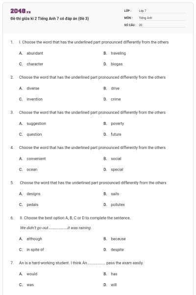 Đề thi giữa kì 2 Tiếng Anh 7 có đáp án (Đề 3)