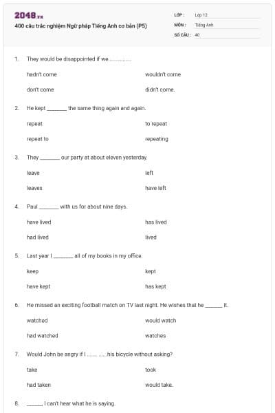 400 câu trắc nghiệm Ngữ pháp Tiếng Anh cơ bản (P5)