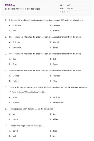 Đề thi Tiếng Anh 7 Học kì 2 có đáp án (Đề 1)