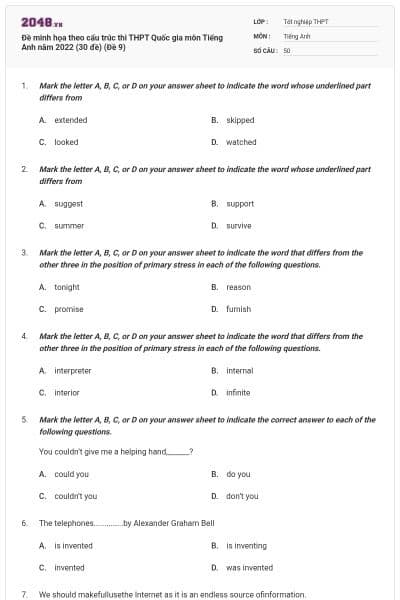 Đề minh họa theo cấu trúc thi THPT Quốc gia môn Tiếng Anh năm 2022 (30 đề) (Đề 9)