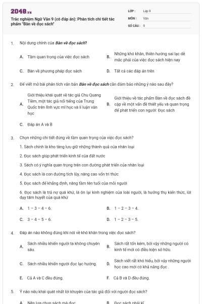 Trắc nghiệm Ngữ Văn 9 (có đáp án): Phân tích chi tiết tác phẩm "Bàn về đọc sách"