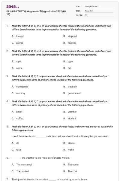 Đề thi thử THPT Quốc gia môn Tiếng anh năm 2022 (Đề 19)