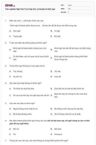 Trắc nghiệm Ngữ Văn 9 (có đáp án): Lý thuyết về khởi ngữ