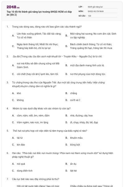 Top 10 đề thi Đánh giá năng lực trường ĐHQG HCM có đáp án (Đề 2)