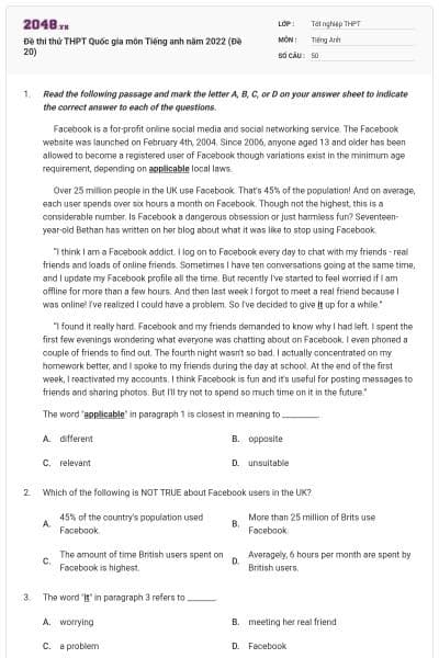 Đề thi thử THPT Quốc gia môn Tiếng anh năm 2022 (Đề 20)