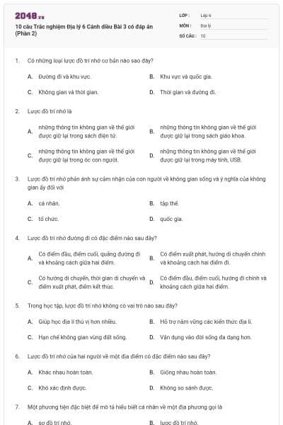 10 câu Trắc nghiệm Địa lý 6 Cánh diều Bài 3 có đáp án (Phần 2)
