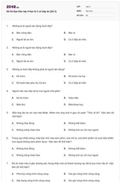 Đề thi Đạo Đức lớp 4 Học kì 2 có đáp án (Đề 2)