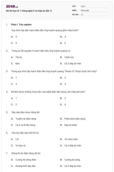 Đề thi Học kì 1 Công nghệ 9 có đáp án (Đề 1)