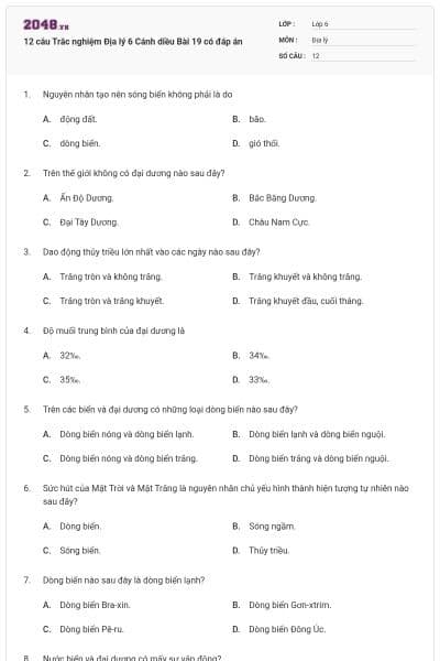 12 câu Trắc nghiệm Địa lý 6 Cánh diều Bài 19 có đáp án