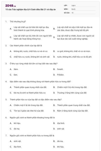 15 câu Trắc nghiệm Địa lý 6 Cánh diều Bài 21 có đáp án