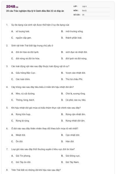 20 câu Trắc nghiệm Địa lý 6 Cánh diều Bài 22 có đáp án