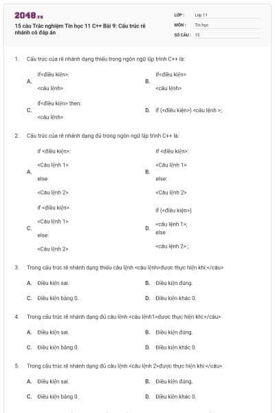 15 câu Trắc nghiệm Tin học 11 C++ Bài 9: Cấu trúc rẽ nhánh có đáp án