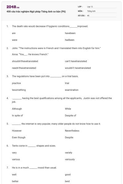 400 câu trắc nghiệm Ngữ pháp Tiếng Anh cơ bản (P6)